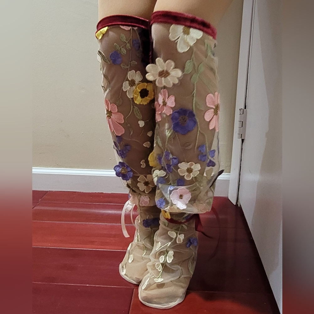 Handcrafted Embroidered Floral Sheer Socks with Velvet Trim - Picture 4 of 5